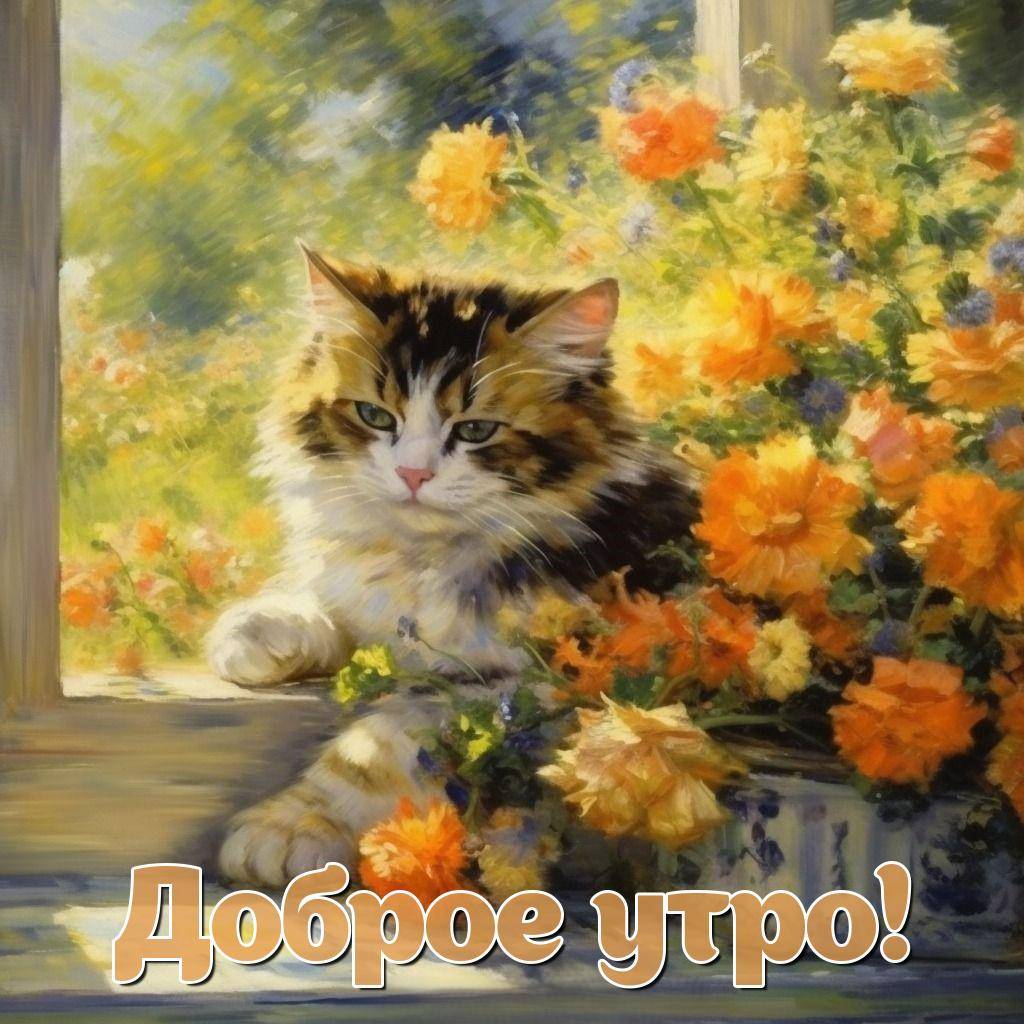 Утро, пушистый кот на подоконнике с яркими цветами
