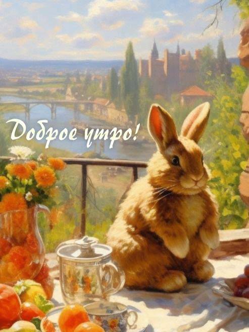 Утро, пушистый кролик и натюрморт на фоне пейзажа