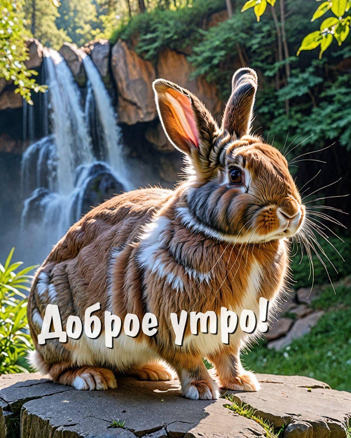 Утро, пушистый кролик на фоне водопада