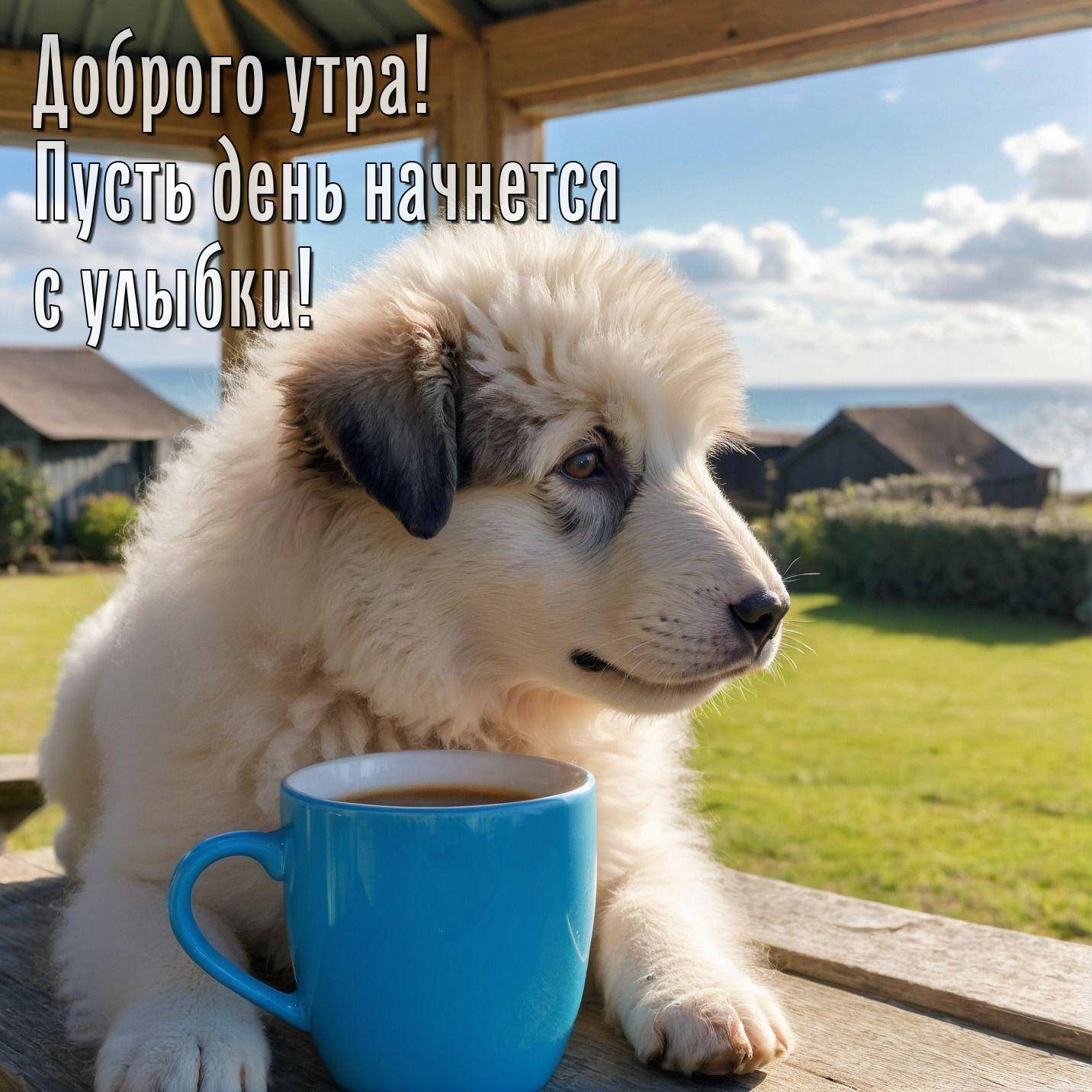 Утро, пушистый щенок и голубая кружка на деревянной поверхности