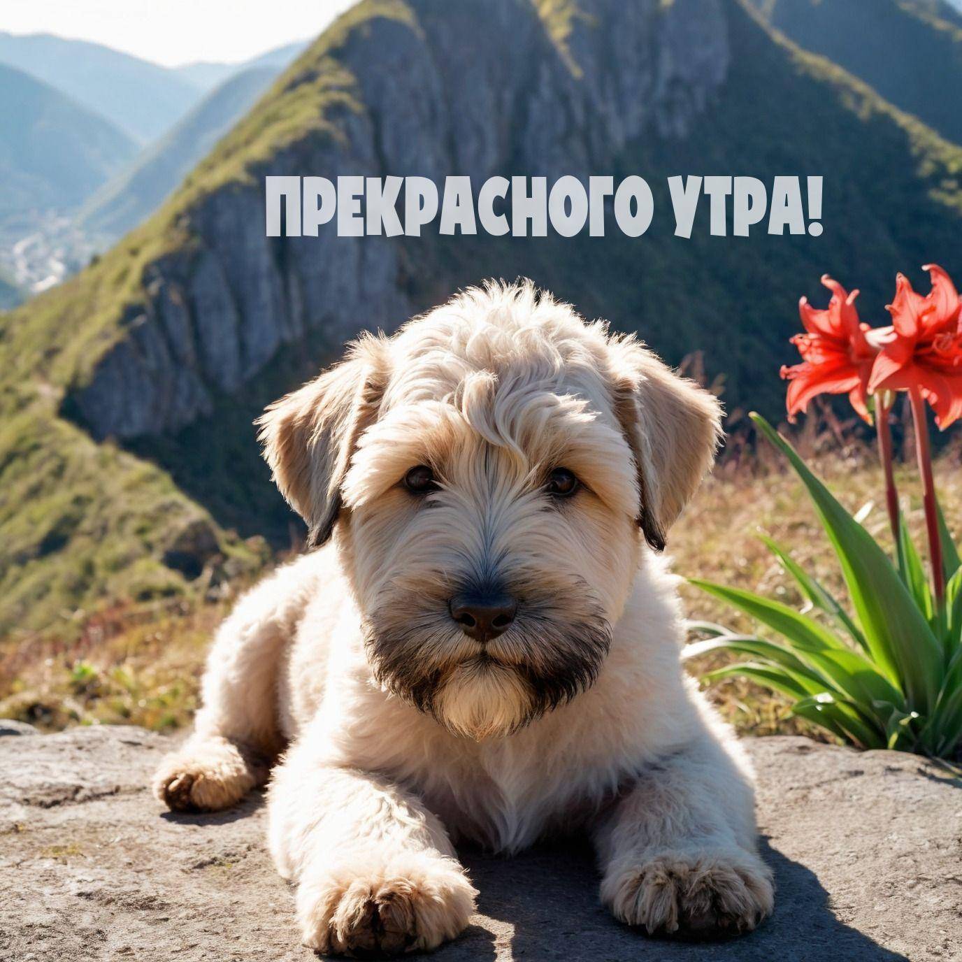 Утро, пушистый светло-коричневый щенок на камне
