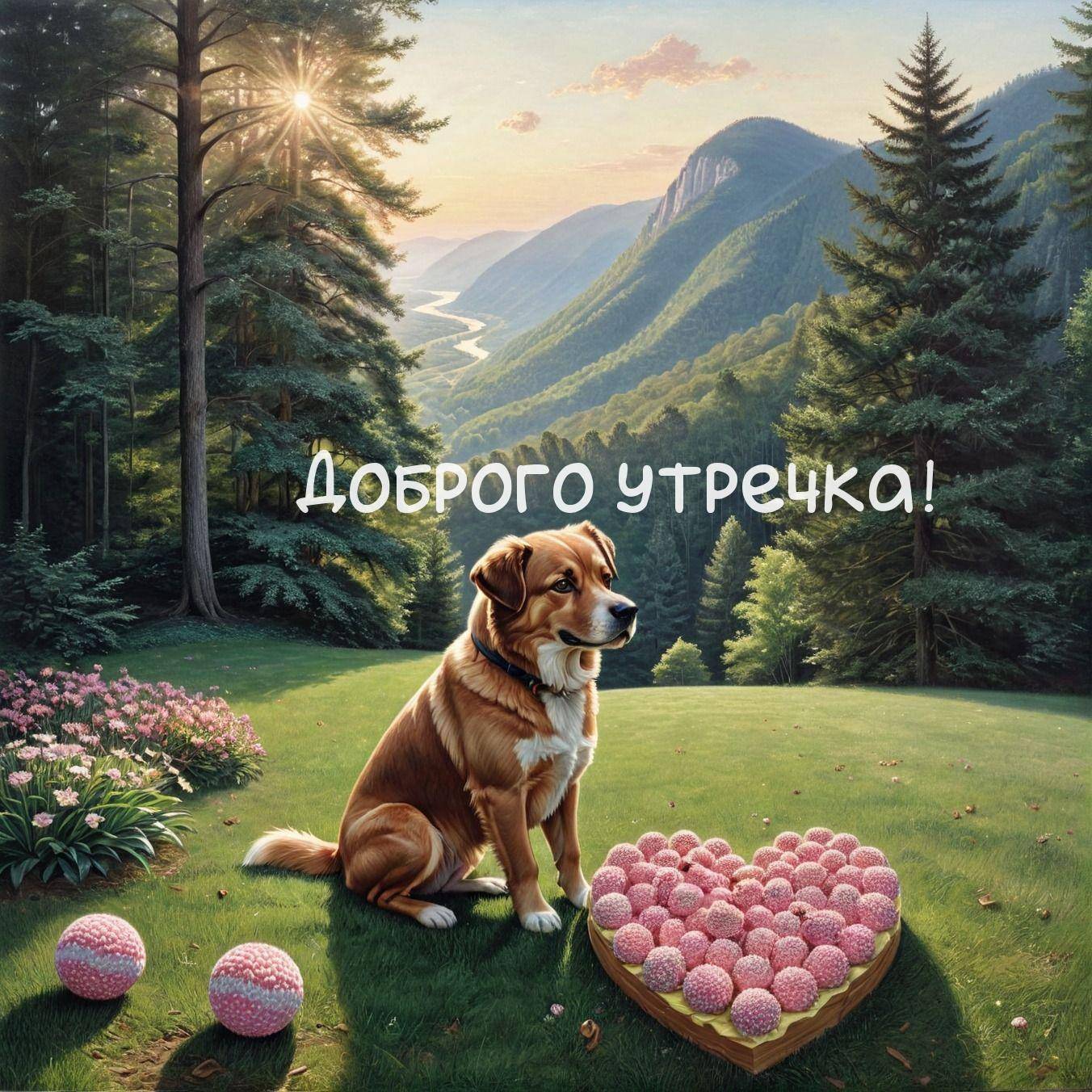 Утро, пёс на зелёной поляне с сердцем и шарами