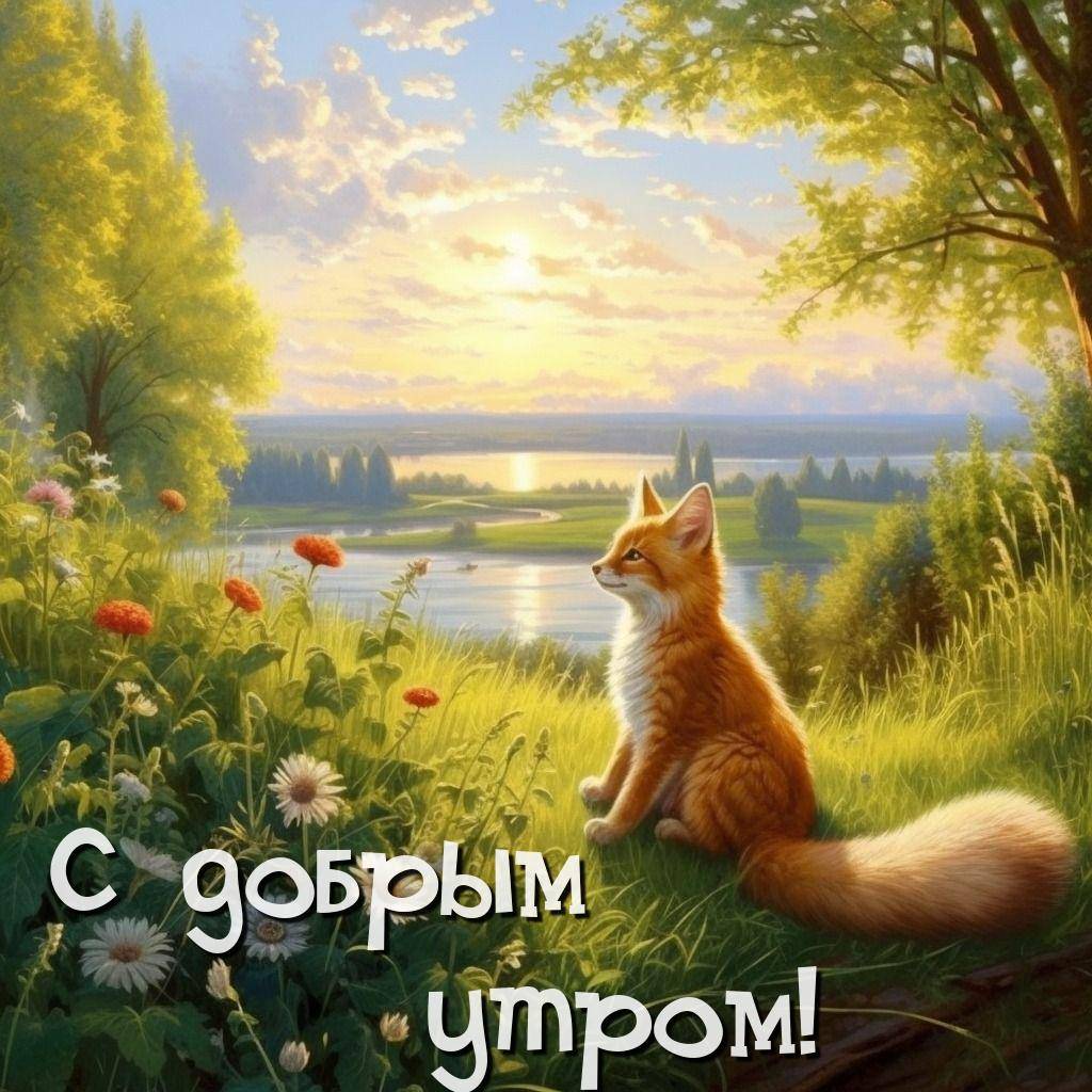 Утро, рыжая лиса сидит на лугу среди цветов