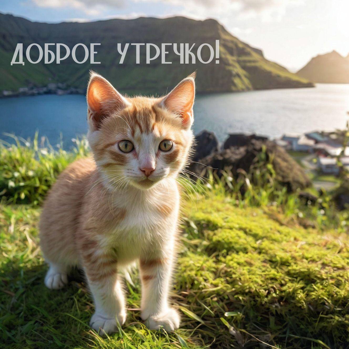 Утро, рыжий котёнок на травянистом склоне у водоёма