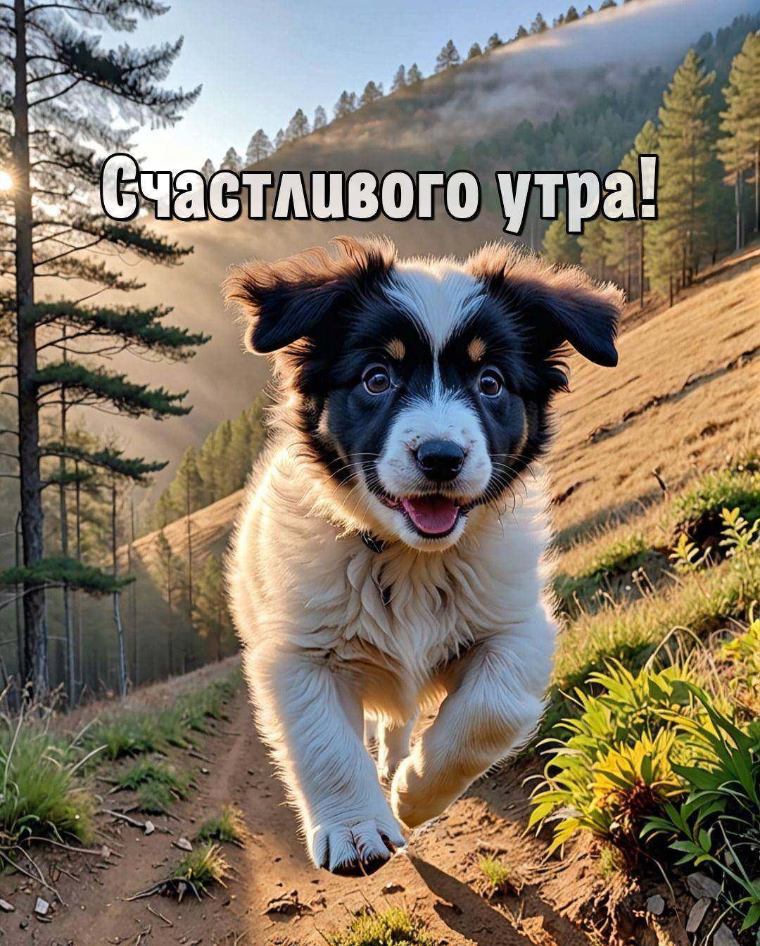 Утро, щенок бежит по лесной тропе среди живописного пейзажа