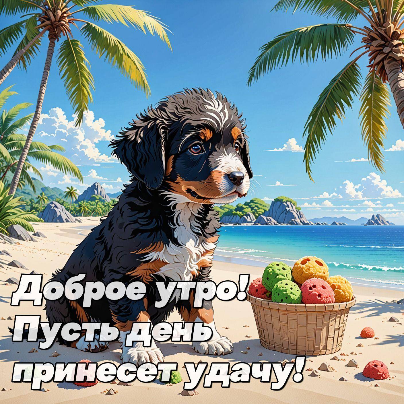 Утро, щенок на пляже рядом с корзиной шариков