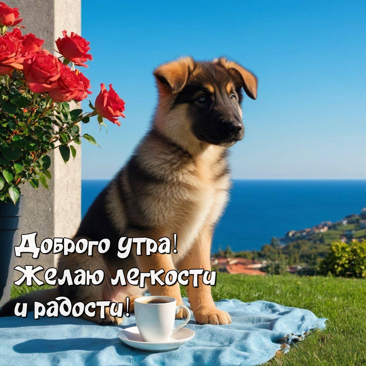 Утро, щенок на покрывале, рядом чашка с кофе, цветы и вид на море.
