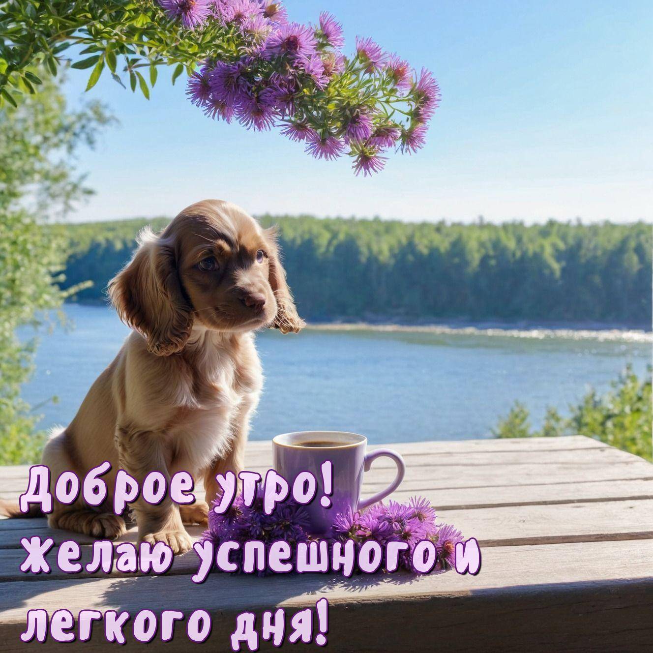 Утро, щенок на столе с кофе и цветами