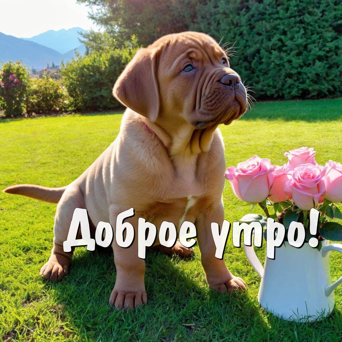 Утро, щенок на траве с кувшином роз