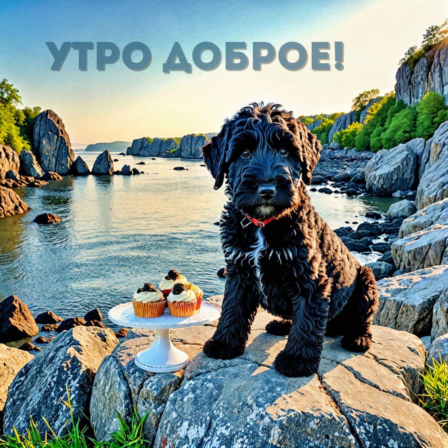 Утро, щенок с черной шерстью сидит на скале у водоема