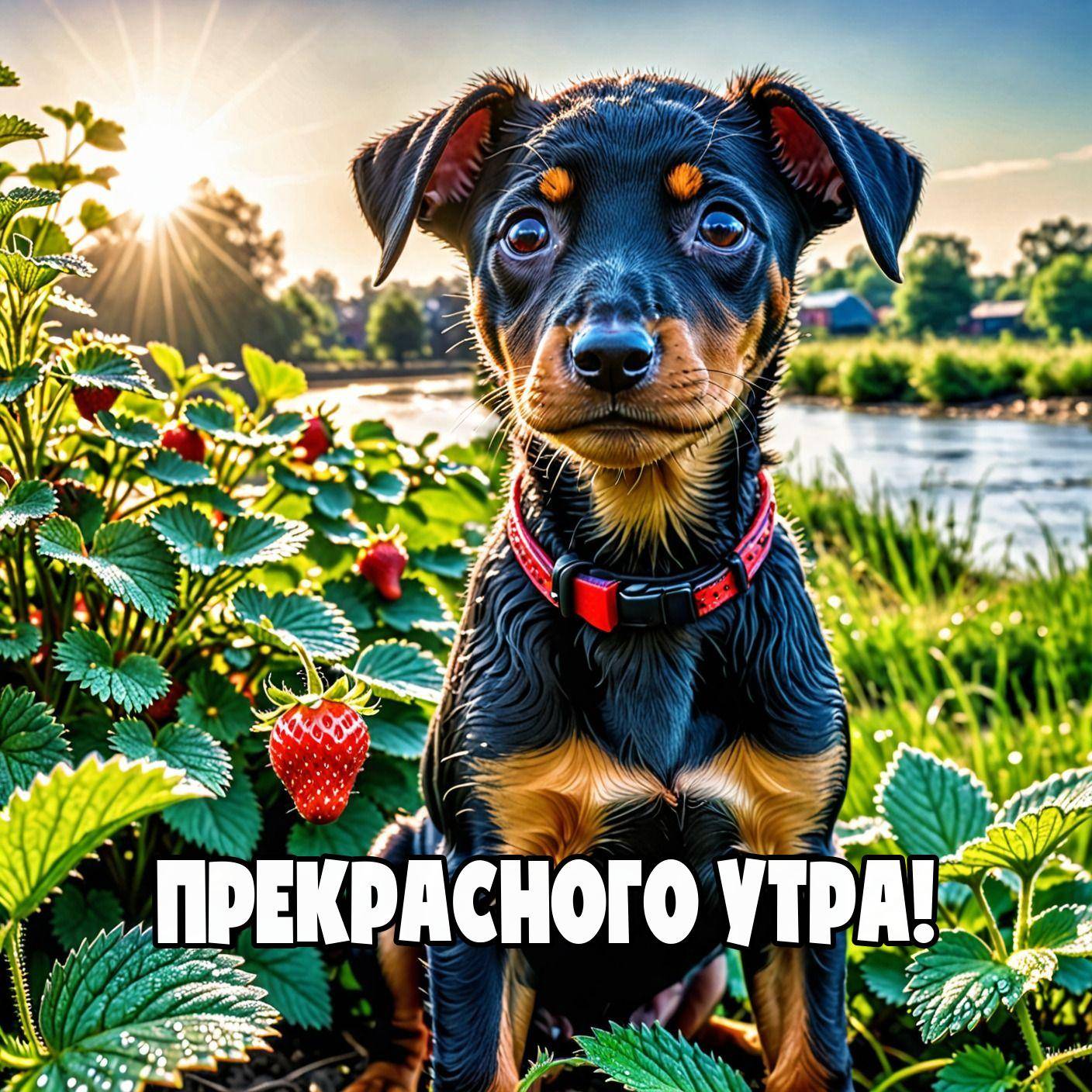 Утро, щенок с черно-коричневой шерстью и красным ошейником рядом с кустом клубники