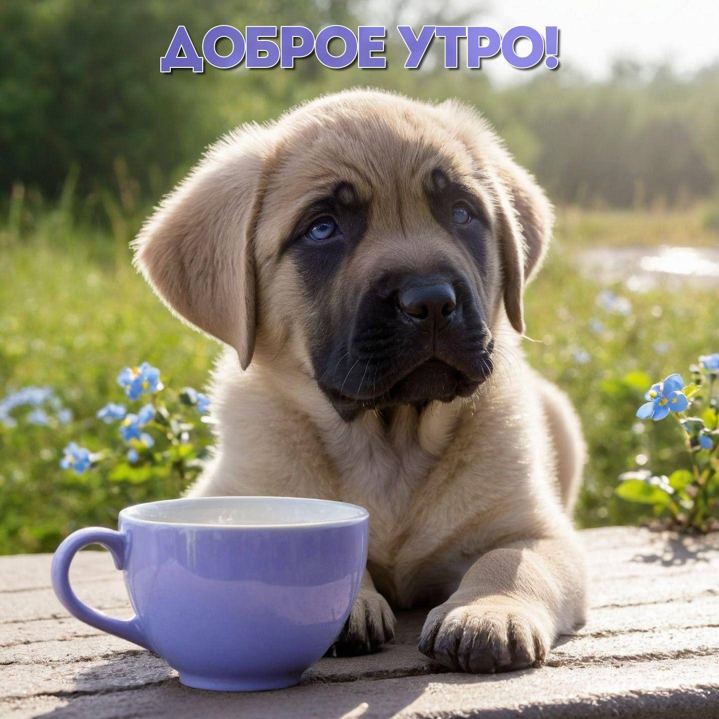Утро, щенок с фиолетовой чашкой на деревянной поверхности
