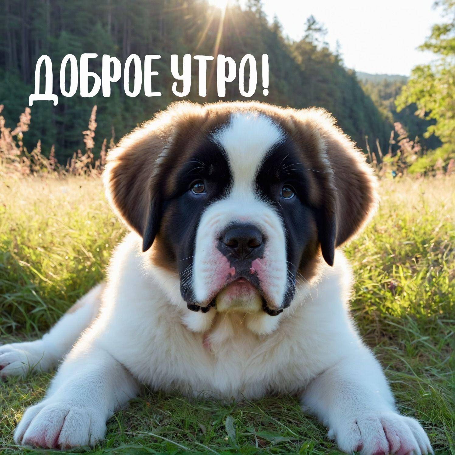 Утро, щенок сенбернар лежит на траве