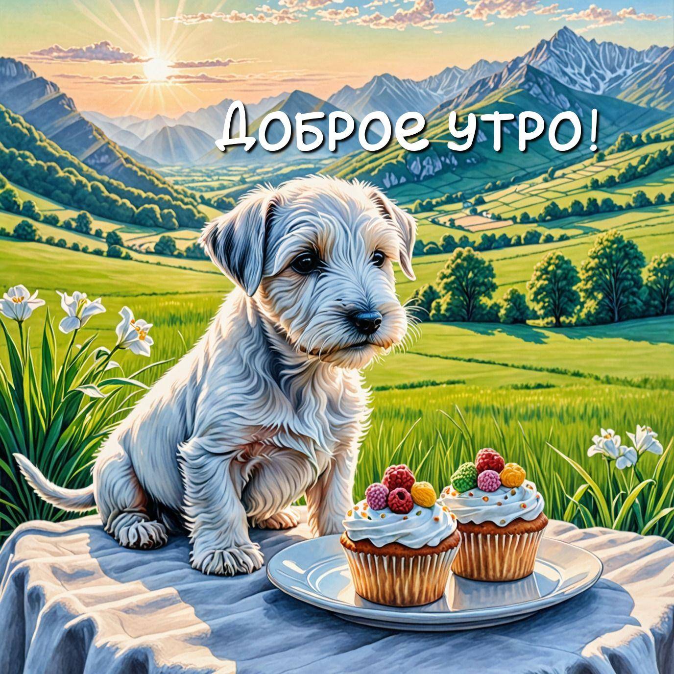 Утро, щенок сидит на скатерти с кексами