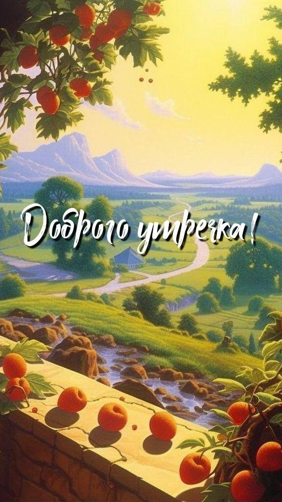 Утро, сельская сцена с апельсиновыми ветвями, ручьём и полями.