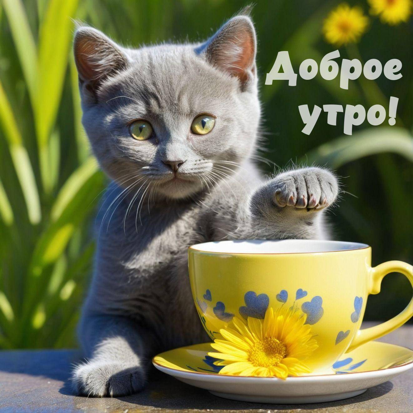 Утро, серый котенок рядом с желтой чашкой.