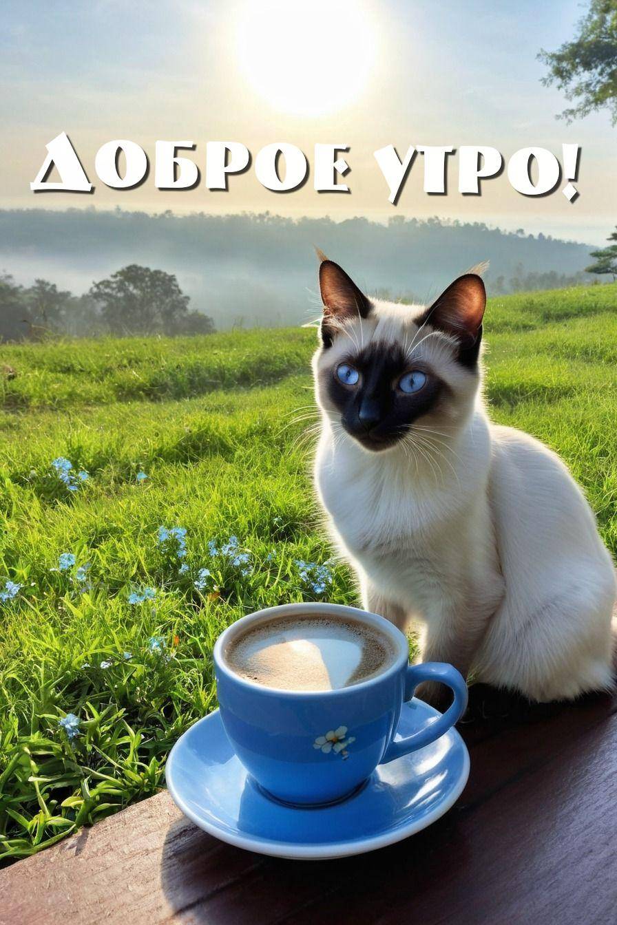Утро, сиамская кошка и чашка кофе на фоне природы