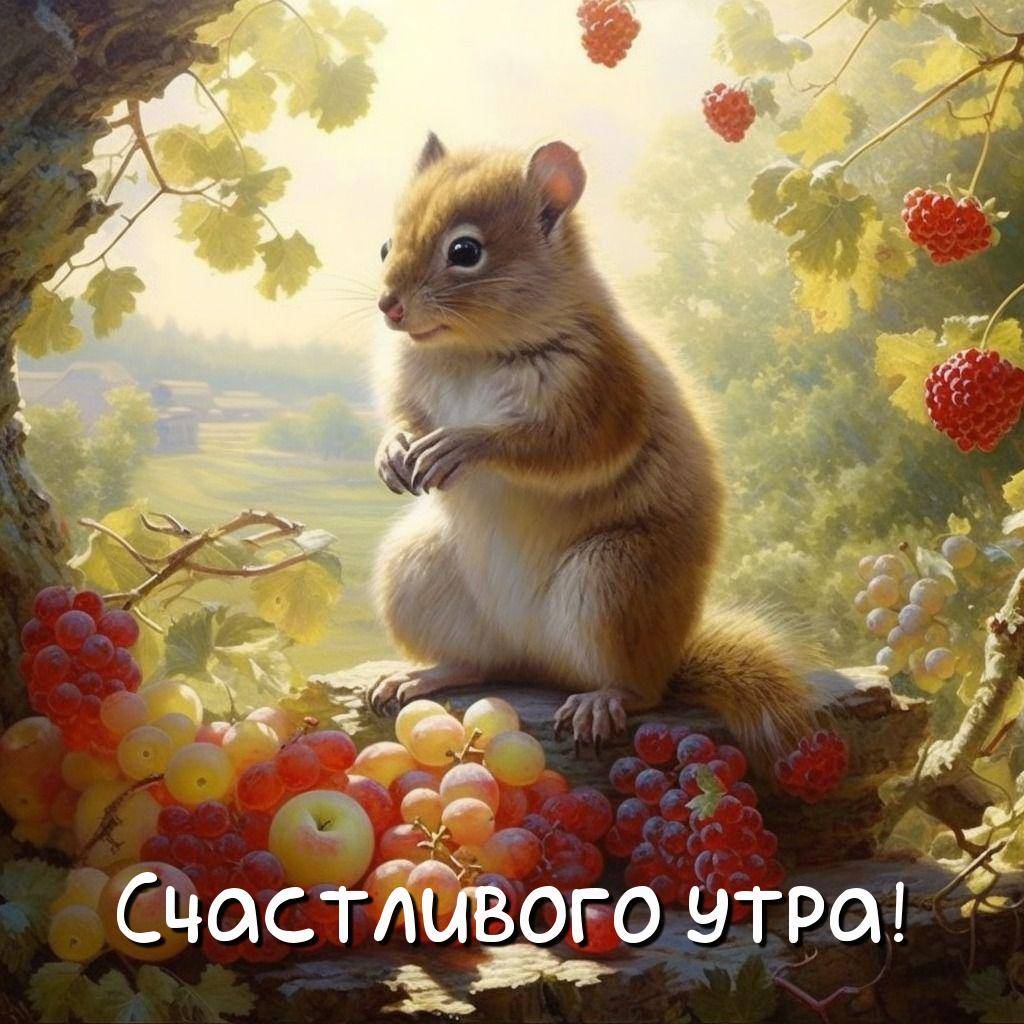 Утро, симпатичный бурундук на дереве среди фруктов и ягод