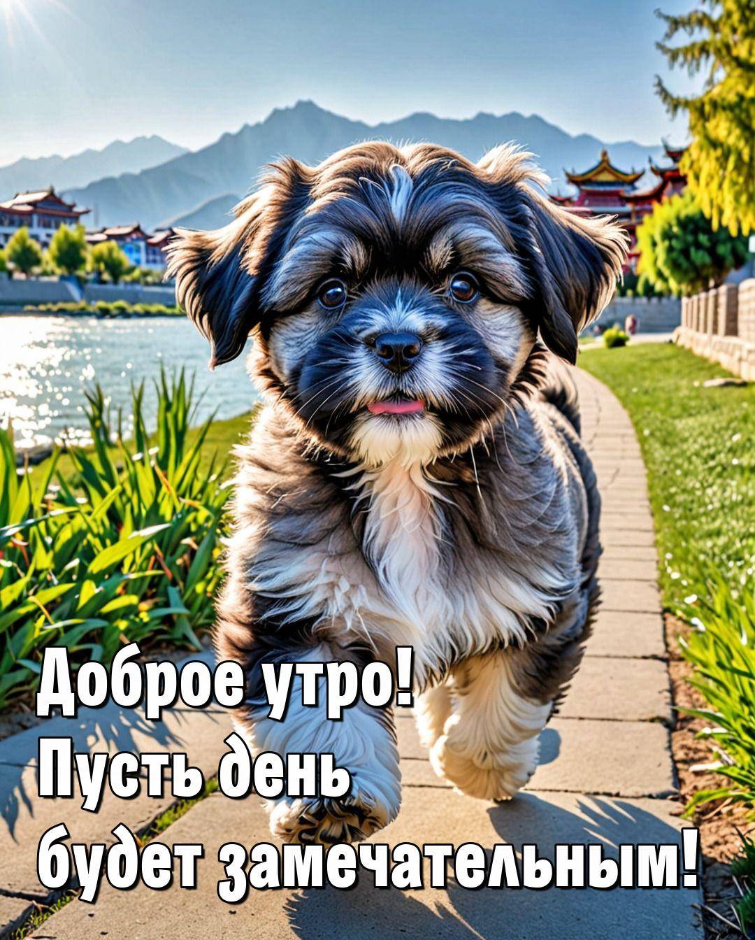 Утро, симпатичный щенок бежит по дорожке