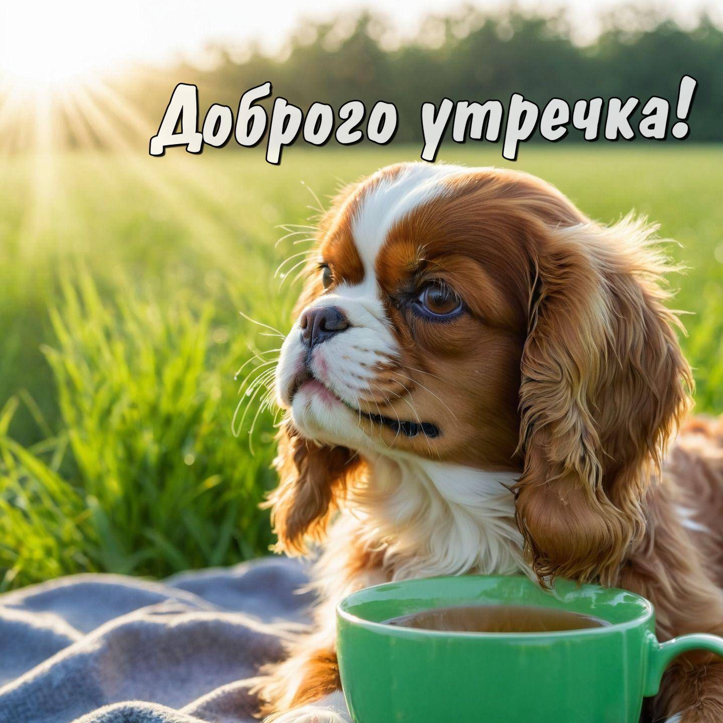 Утро, симпатичный щенок на покрывале с зеленой чашкой