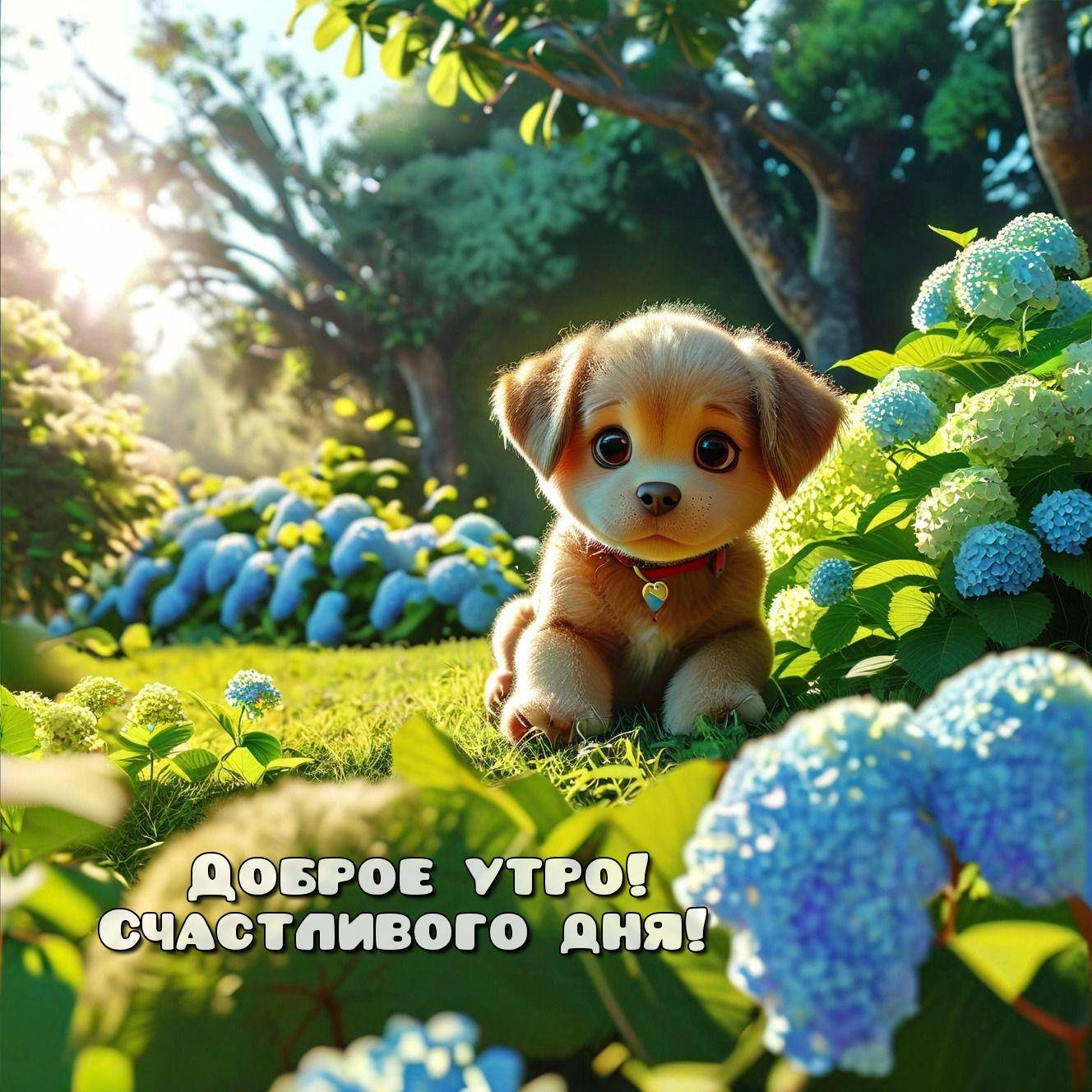 Утро, симпатичный щенок на зелёной траве с гортензиями