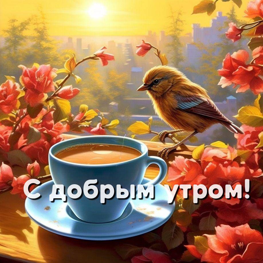 Утро, синяя чашка на блюдце рядом с птичкой и цветами