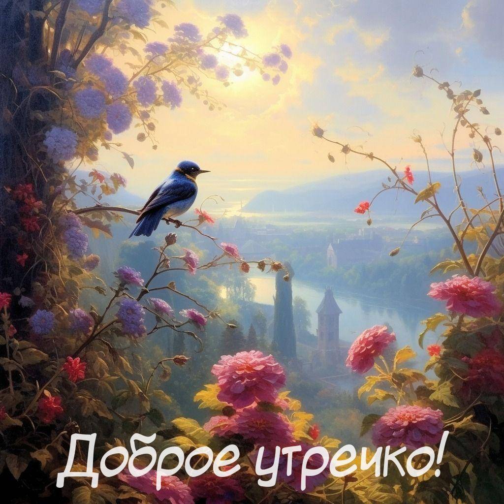 Утро, синяя птица на ветке с цветами на фоне природы