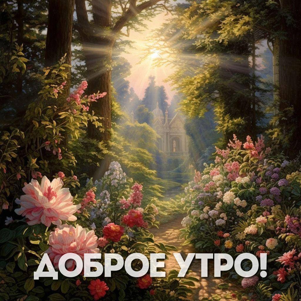 Утро, сказочный лес с храмом, лучи солнца, цветы