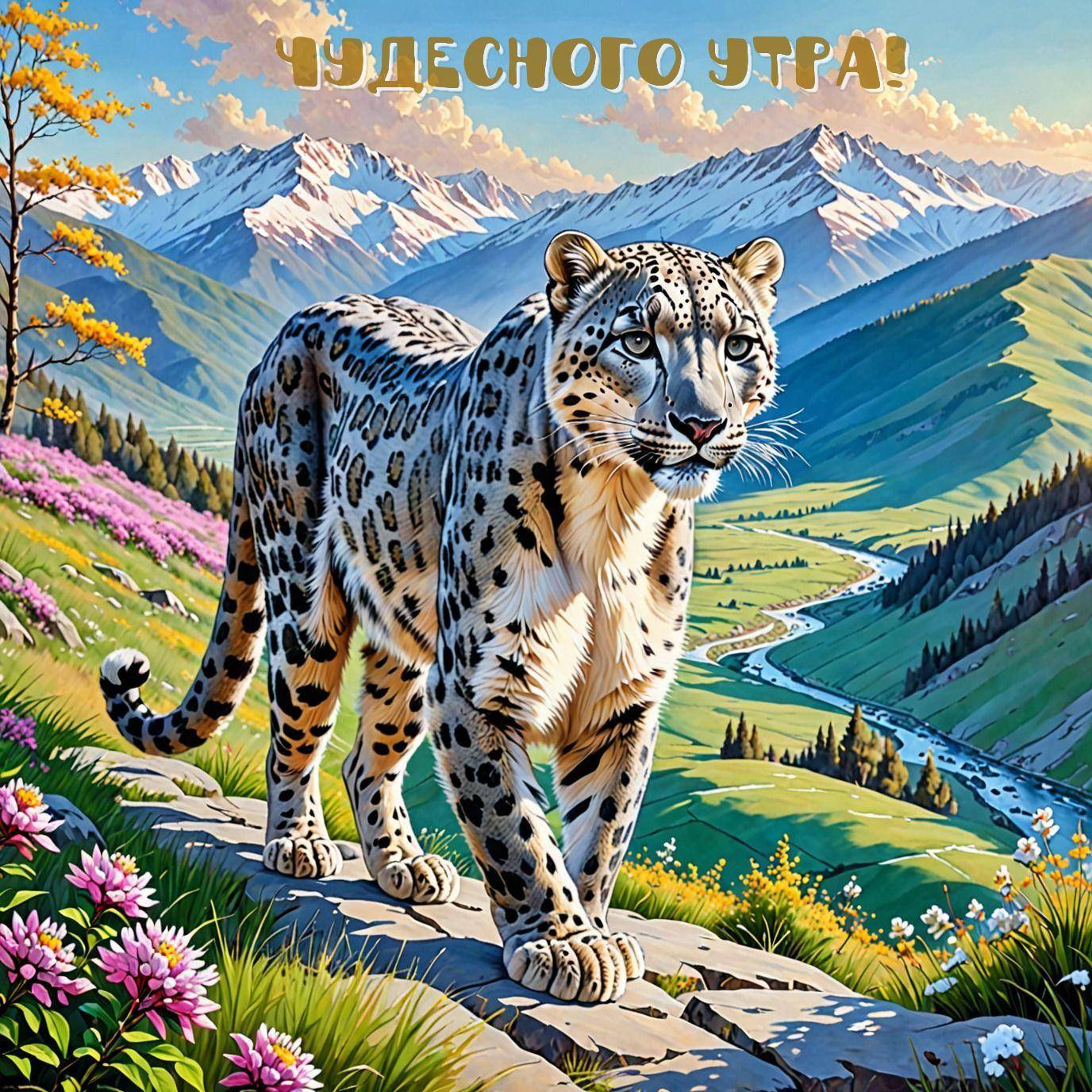 Утро, снежный барс на фоне гор