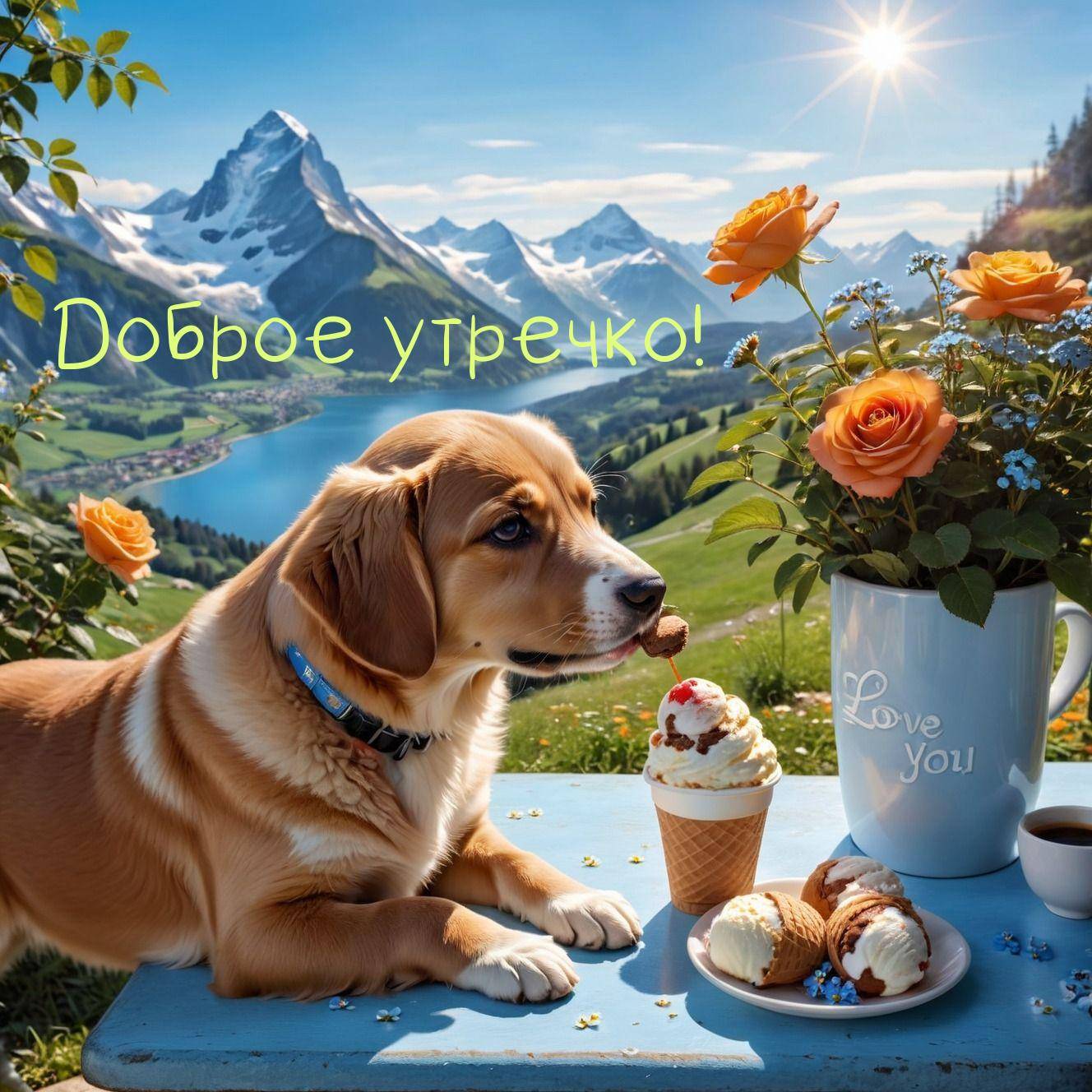 Утро, собака на столе с мороженым и цветами