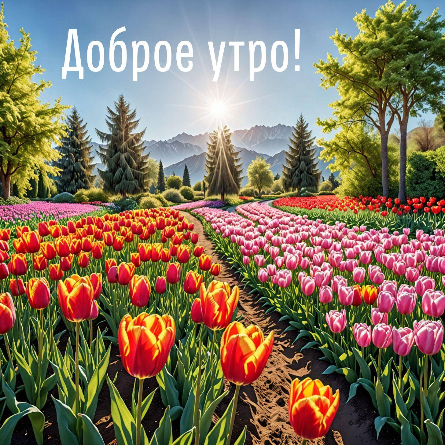Утро, солнечный день, цветущие поля тюльпанов