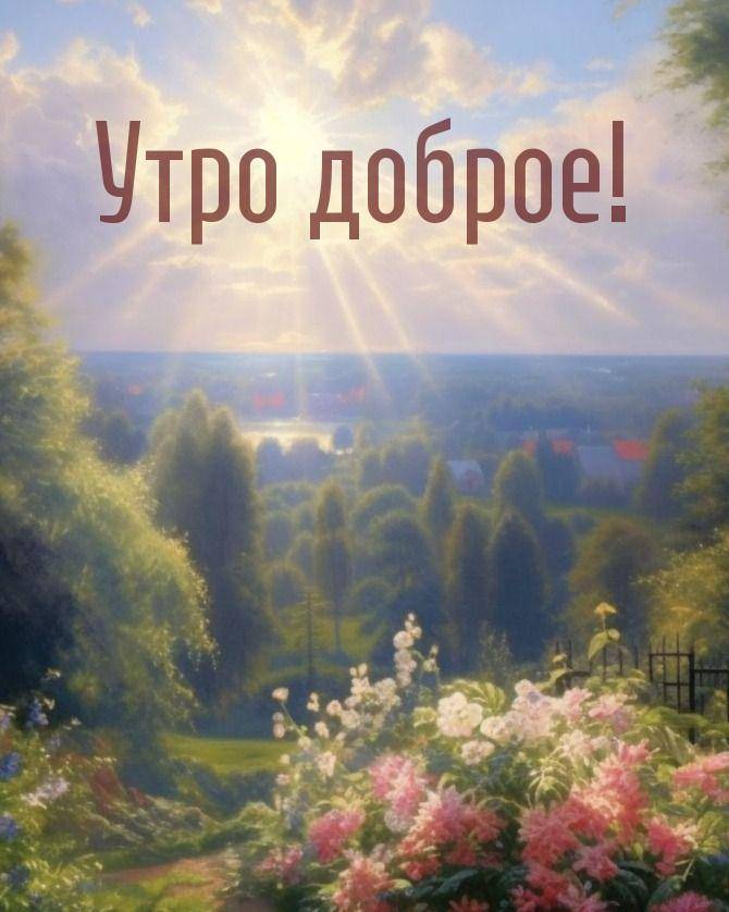 Утро, солнечный пейзаж с видом на деревню