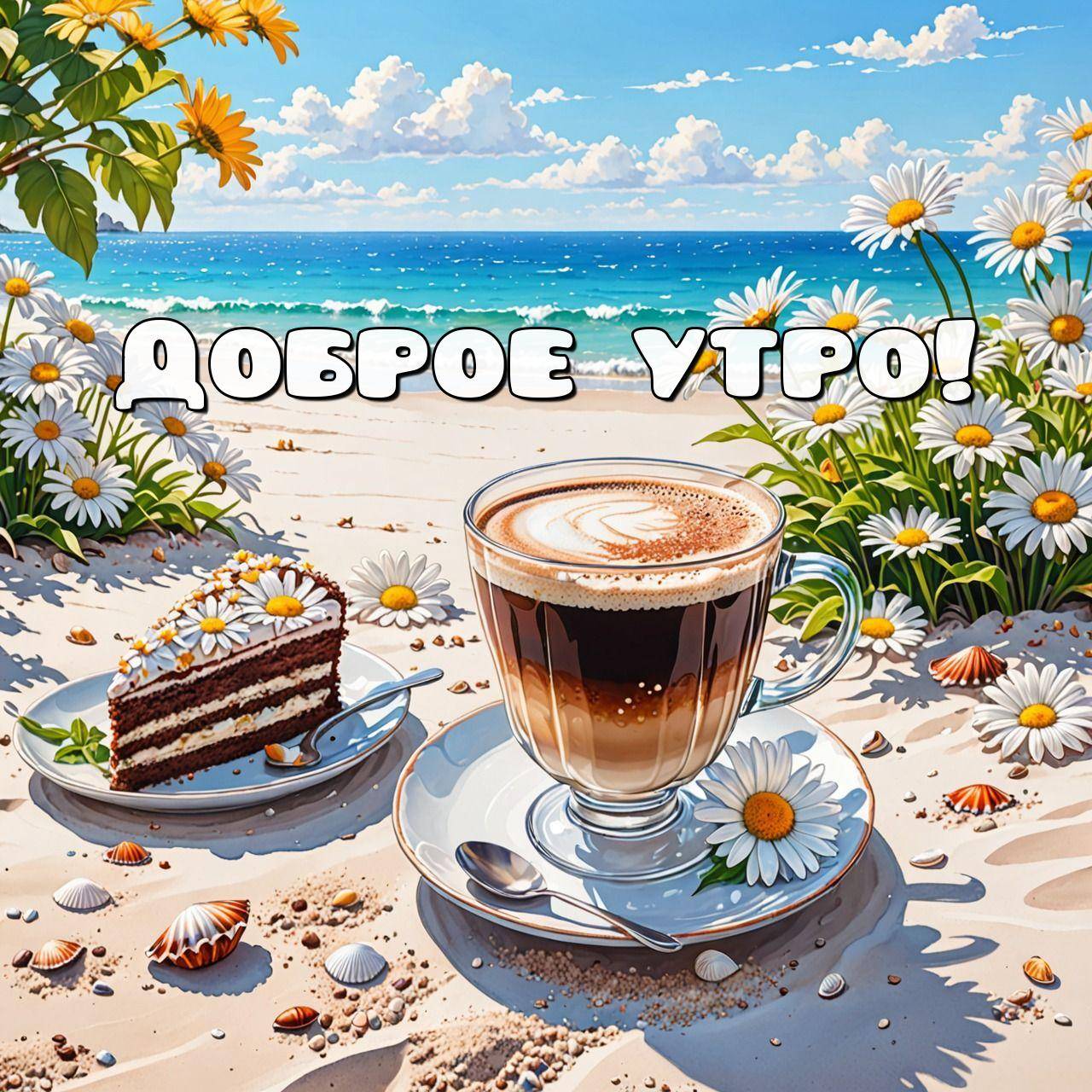 Утро, солнечный пляж, кофе и торт