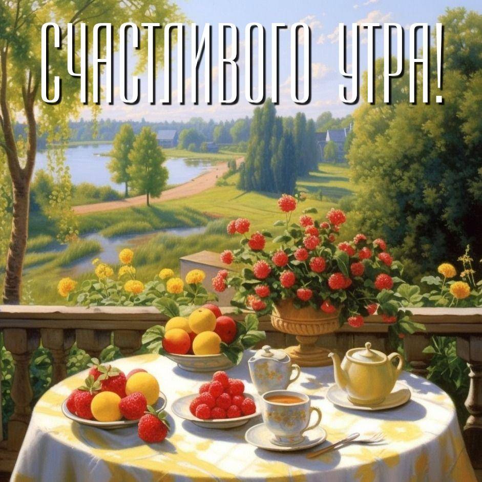 Утро, стол на террасе с чайным сервизом и фруктами
