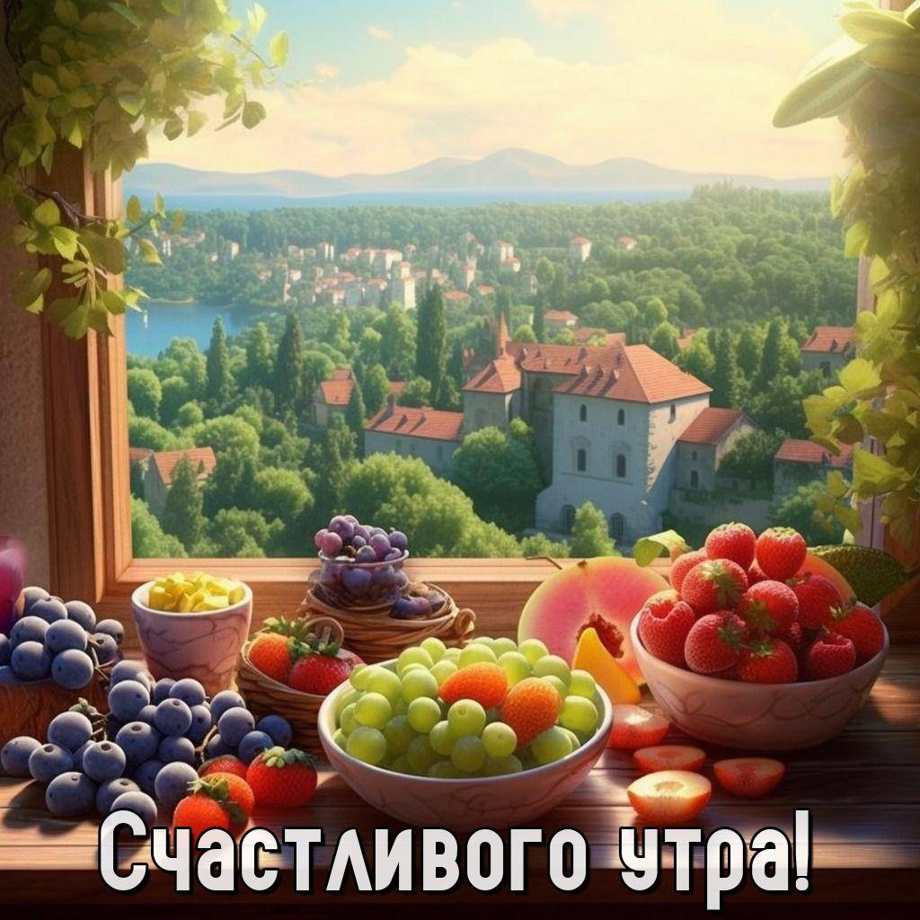Утро, стол с фруктами у окна, вид на город