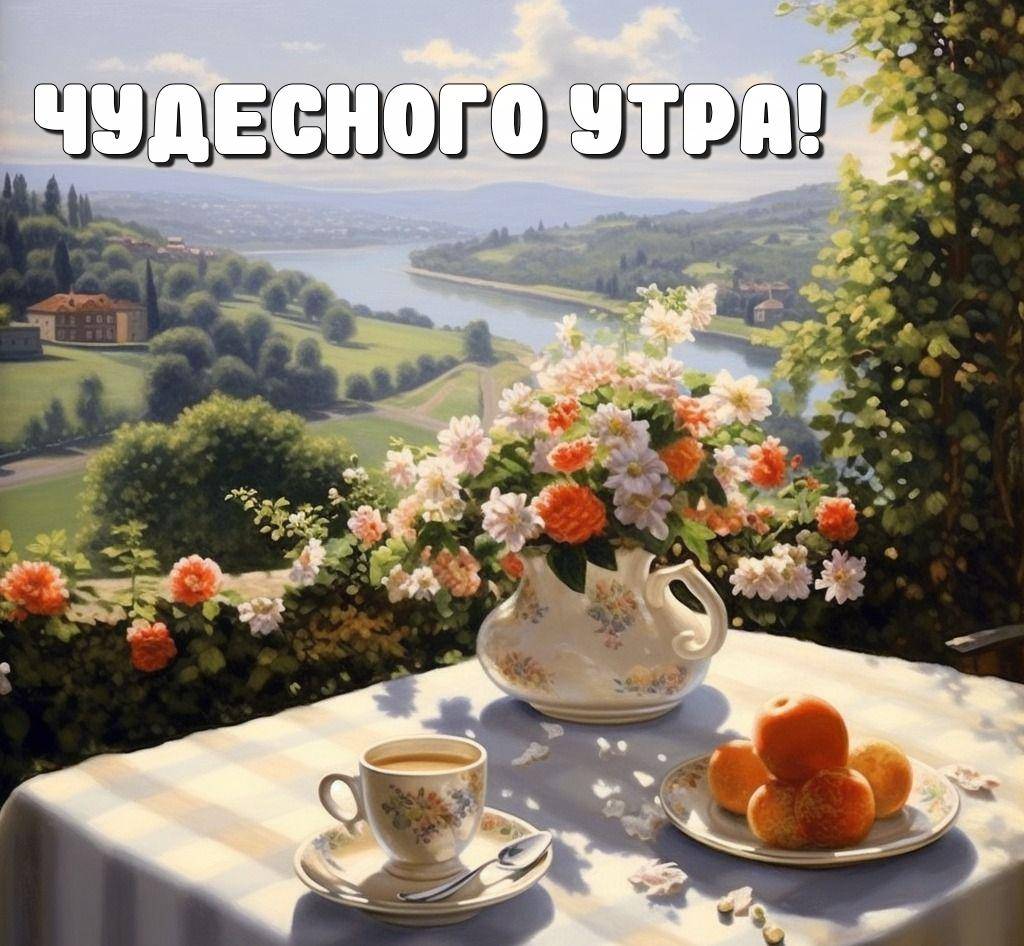 Утро, стол со скатертью, букетом цветов и напитком