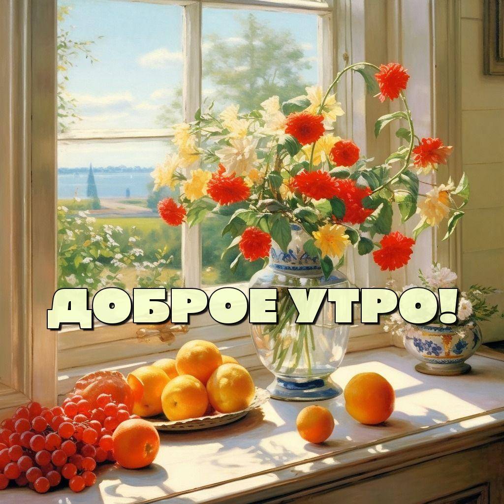 Утро, стол у окна с вазой цветов и фруктами