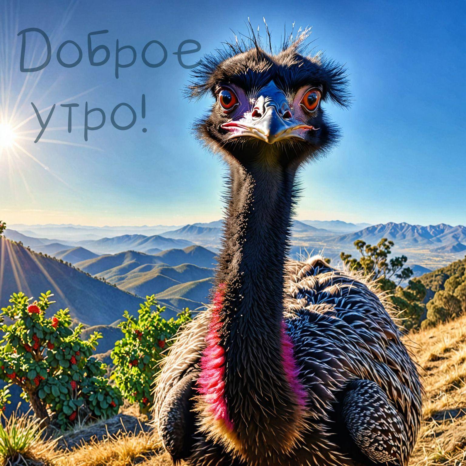 Утро, страус с большими глазами на фоне горного пейзажа