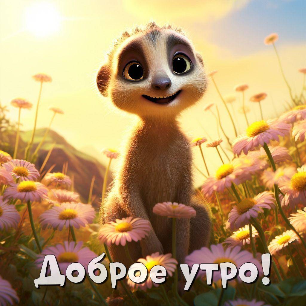 Утро, сурикат с большими глазами и улыбкой среди цветов