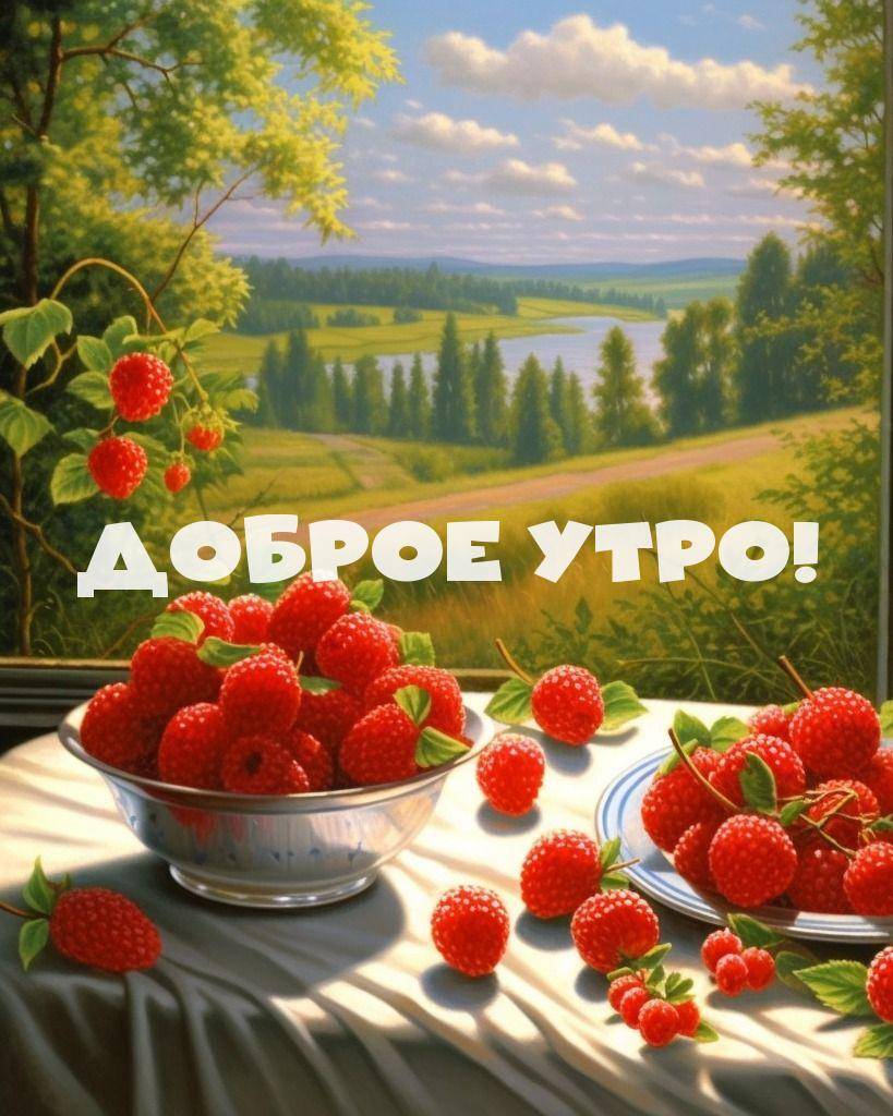 Утро, тарелки с малиной на фоне летнего пейзажа