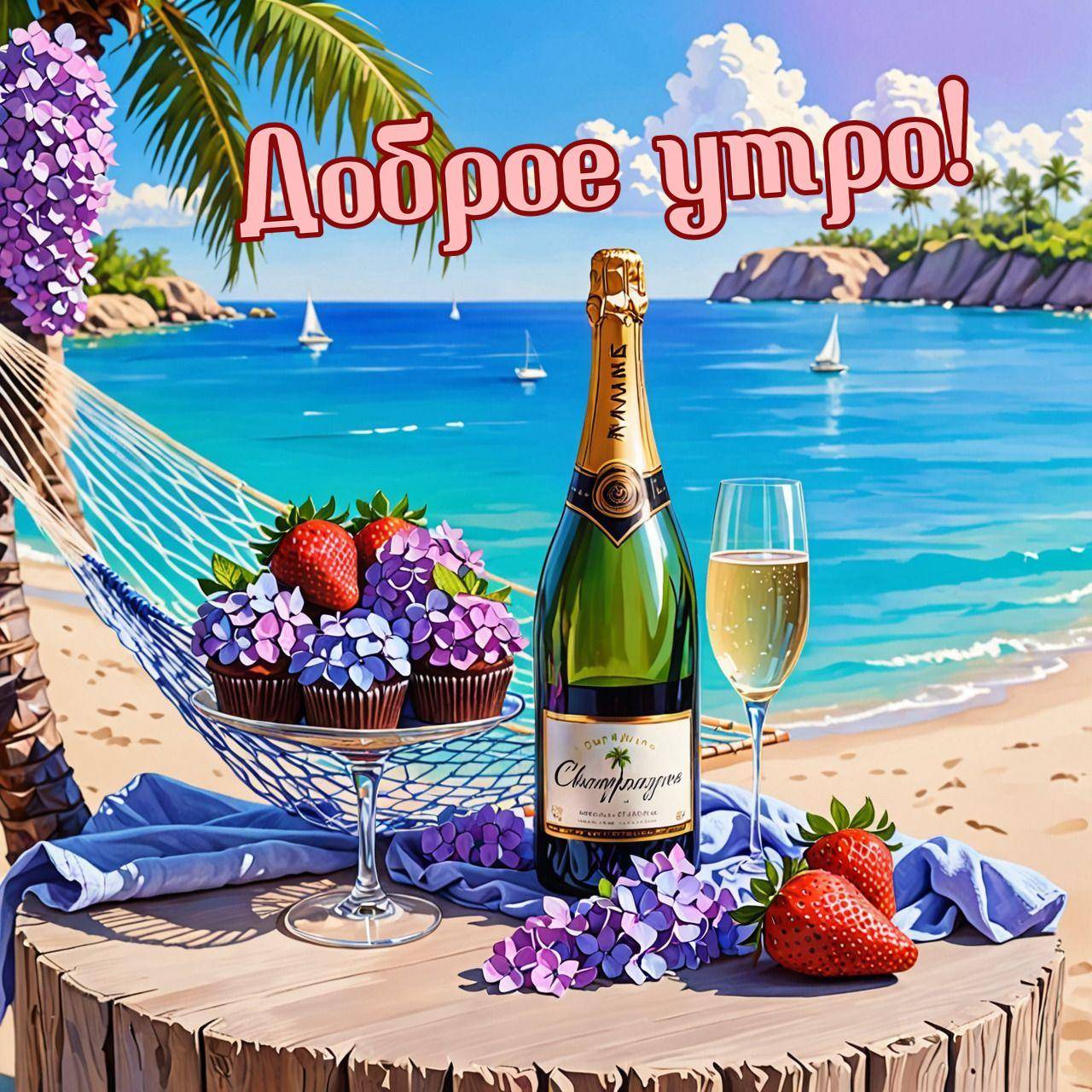 Утро, тропический пляж с пальмами и яхтами, шампанское и клубника на столе