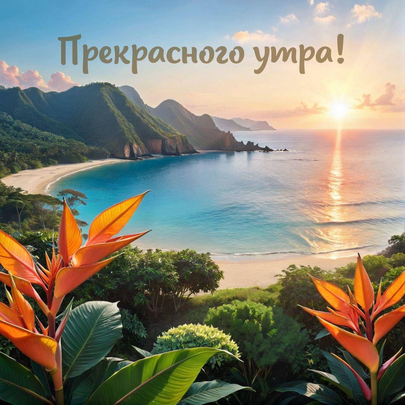 Утро, тропический пляж с закатом, море и цветы