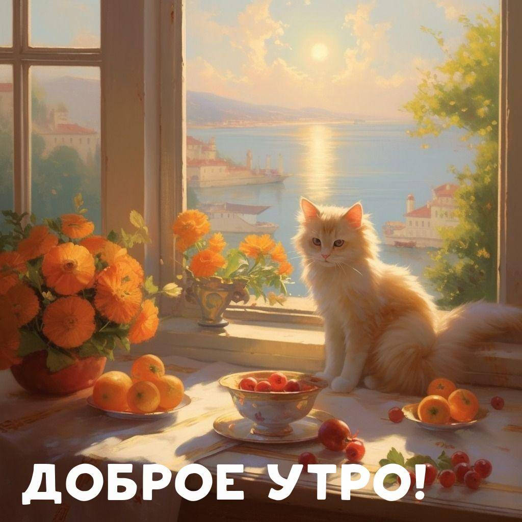 Утро, цветы, фрукты и кошка на столе