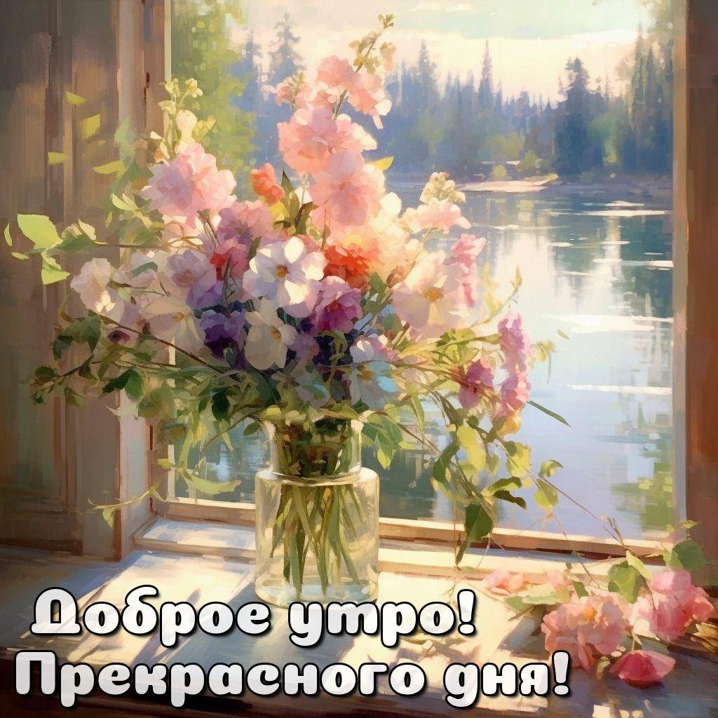 Утро, цветы в вазе на подоконнике