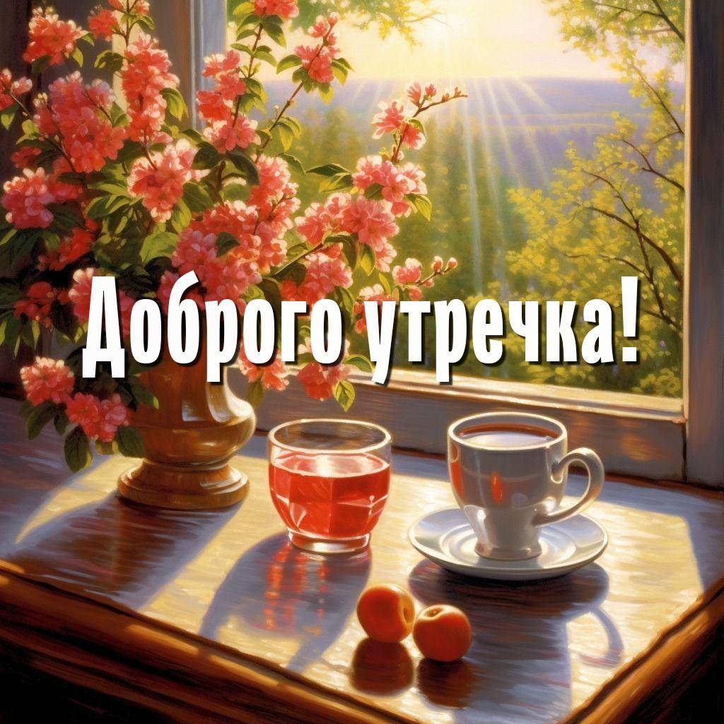 Утро, цветы в вазе на подоконнике с напитками и абрикосами