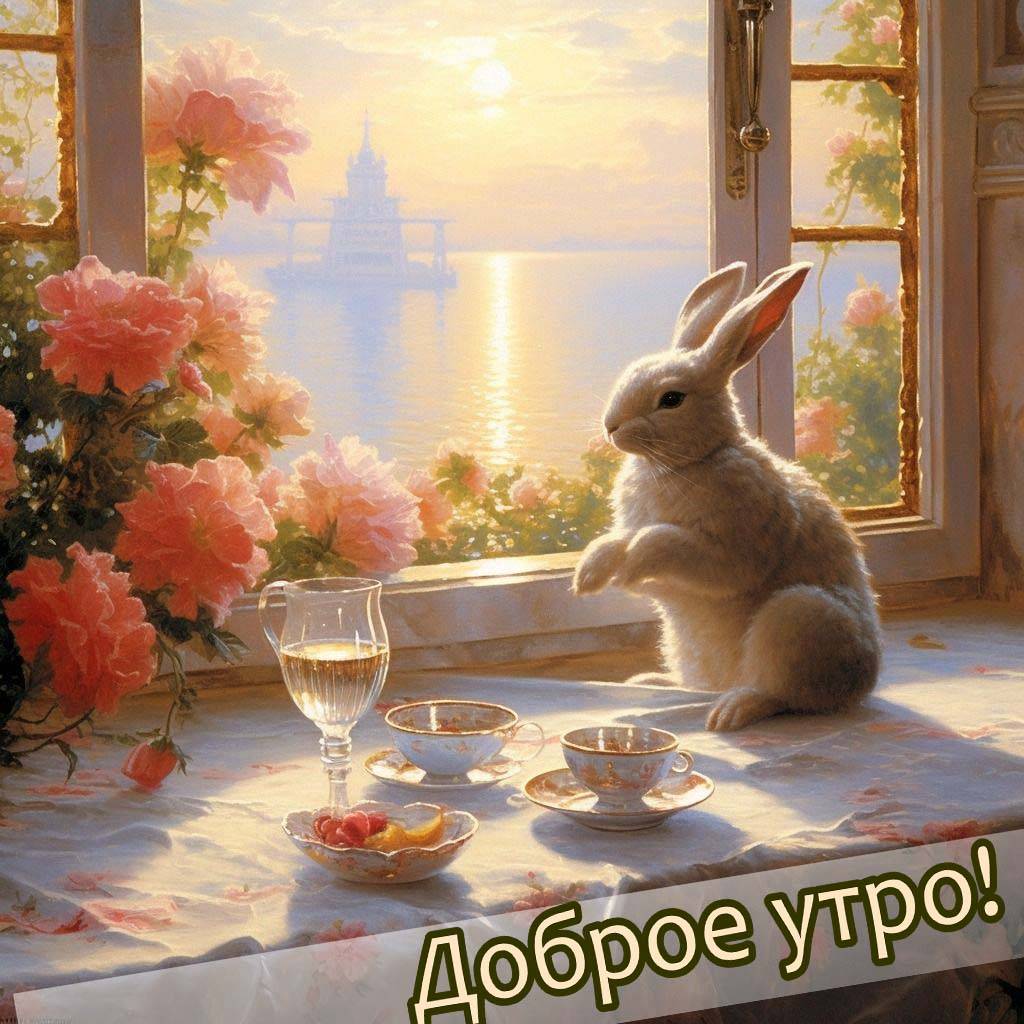 Утро, утренний стол с чайной посудой и кроликом