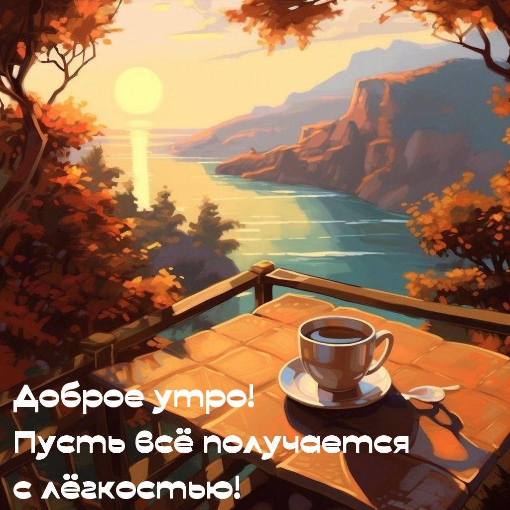 Утро, уютная осенняя сцена на террасе у моря
