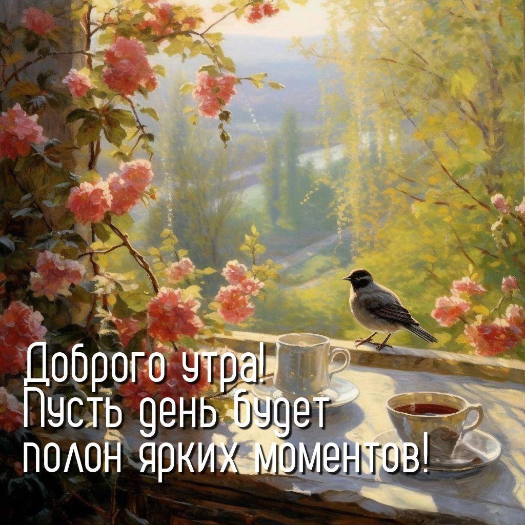 Утро, уютная сцена с птицей на подоконнике, чашками и цветами.