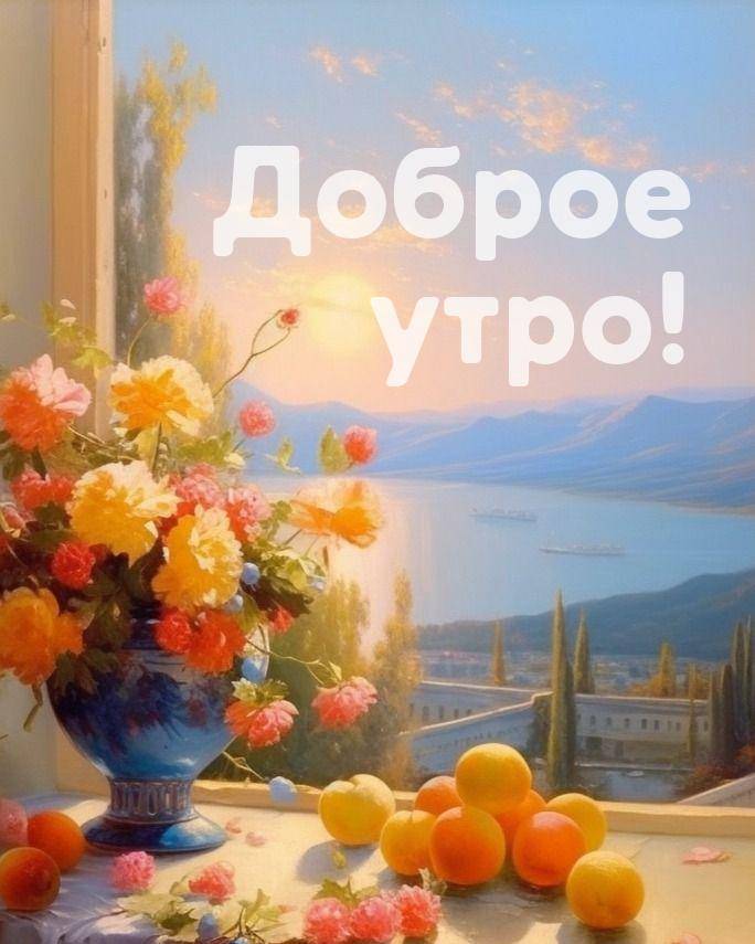 Утро, ваза с букетом цветов и апельсинами на фоне пейзажа