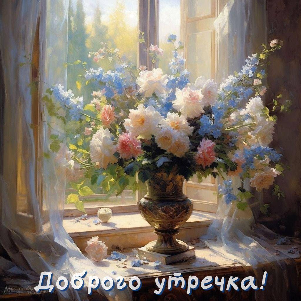 Утро, ваза с разноцветными цветами на подоконнике, освещенная солнцем